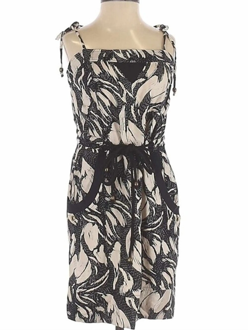 French Connection Mini Dress w Pockets Black & Cream Ties Size 10